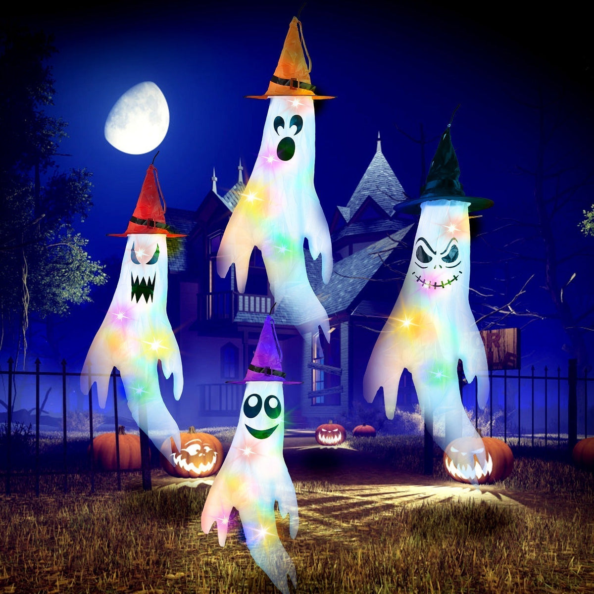 4Pcs Halloween Ghosts With Witch Hats Windsocks Hanging Decoration With Colorful LED Light Outdoor Flag Wind Socks Halloween Party Decoration For Yard
