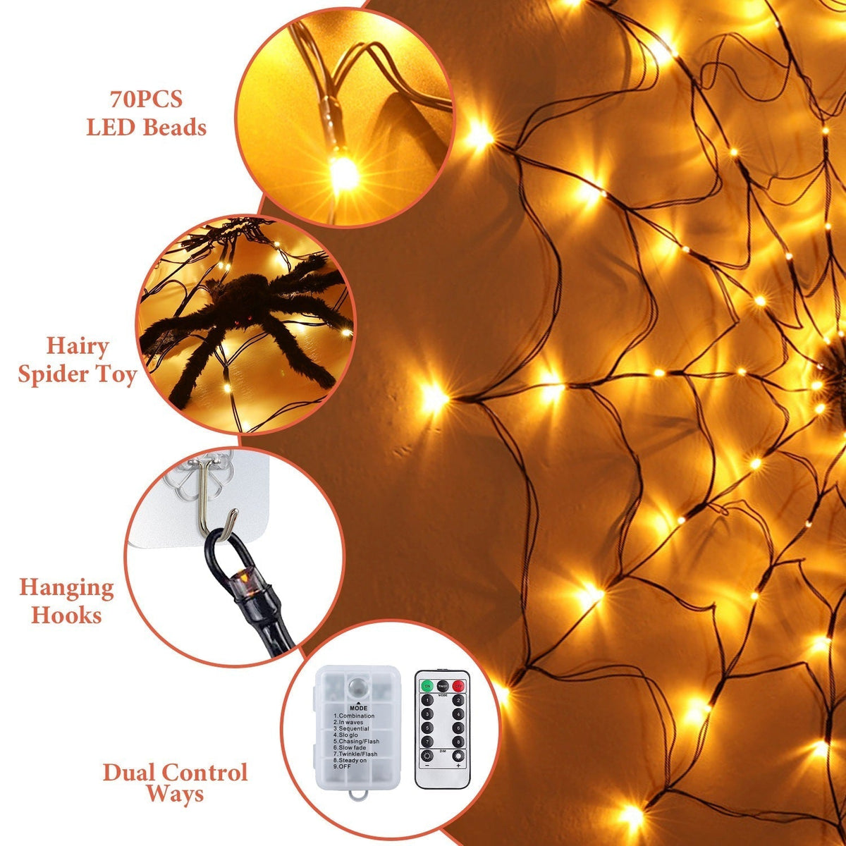 LED Spider Web Light – 3.28FT, 70LED, Remote Control, 8 Modes
