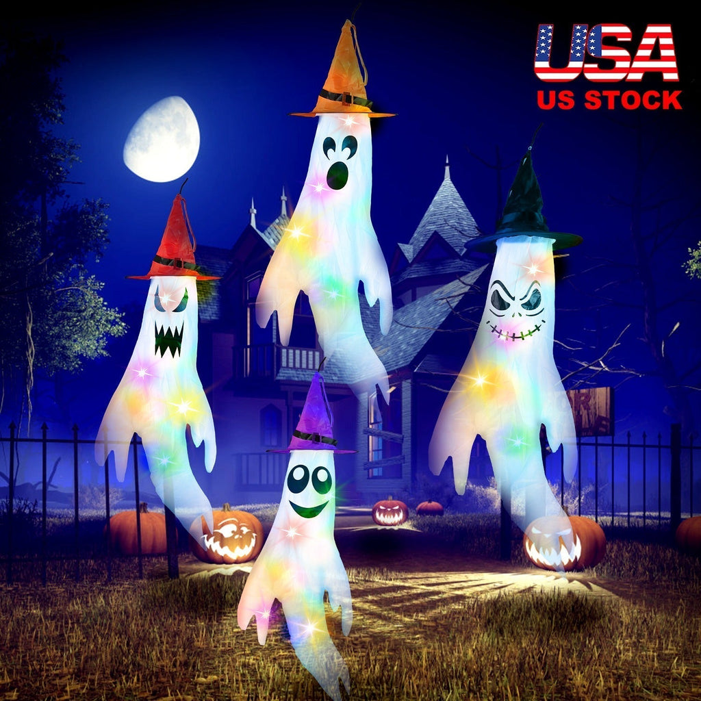 4Pcs Halloween Ghosts With Witch Hats Windsocks Hanging Decoration With Colorful LED Light Outdoor Flag Wind Socks Halloween Party Decoration For Yard