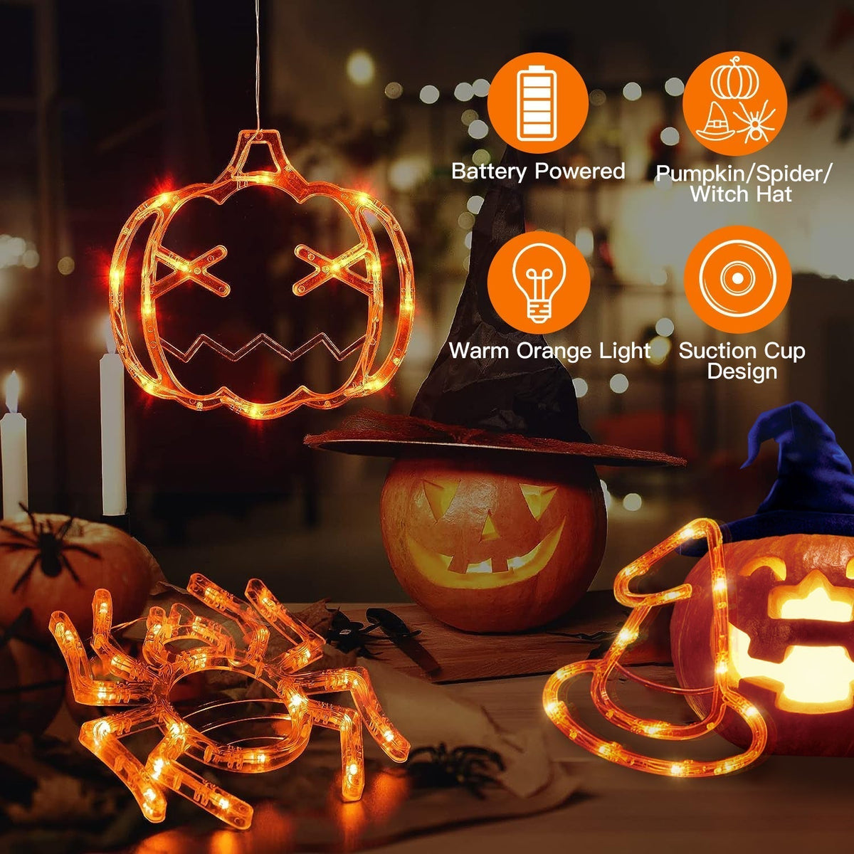 3 Pack Halloween Window Light Spider Witch Hat Pumpkin with Orange Light Hanging Halloween Decoration Light with Suction Cup Hanging Holes