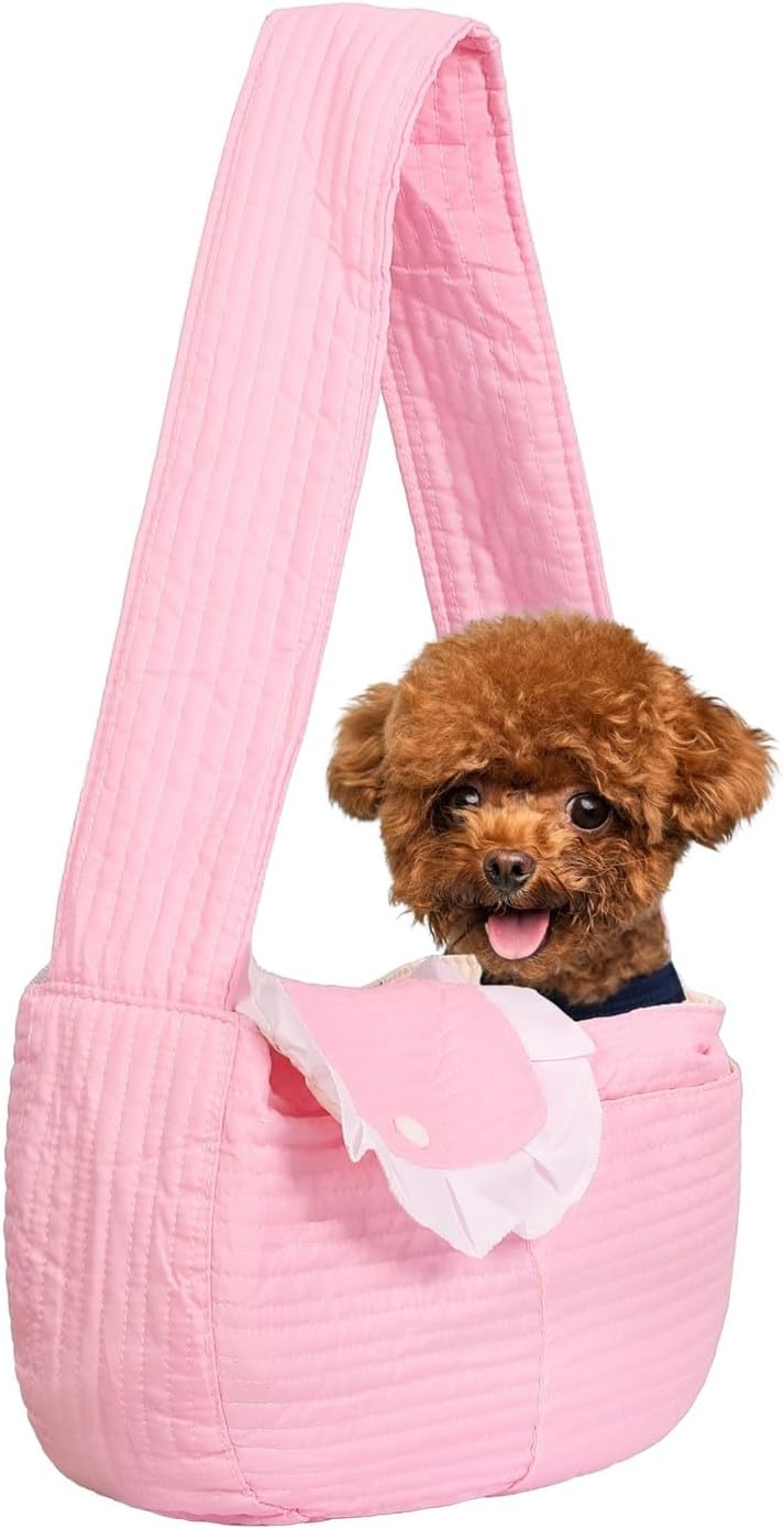 Pet Sling Carrier for Small Dogs and Cats, Cotton Chest Purse with Storage Pocket, Pink, 5-14lbs Capacity, for mom Gifts,Hands-Free Travel (Pink, Large)