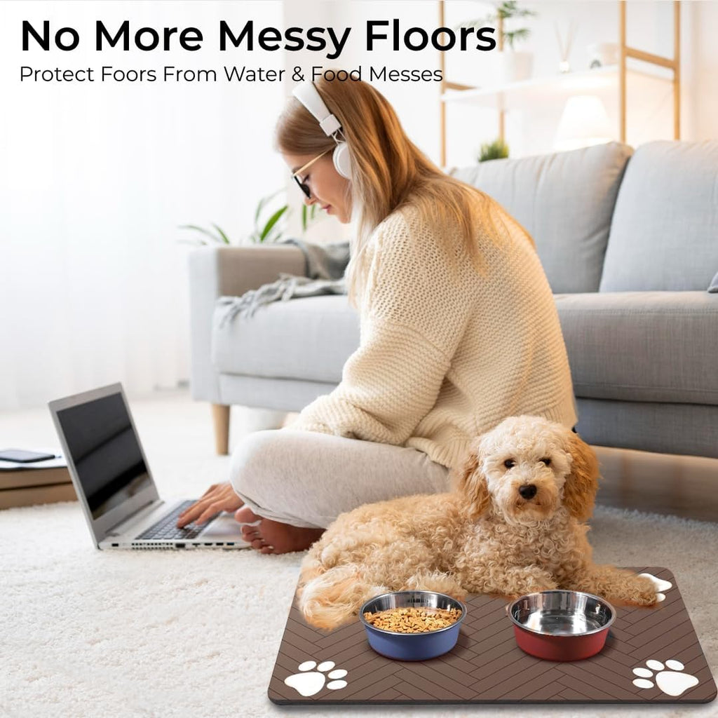 Pet Feeding Mat for Dogs and Cats – Absorbent Pet Placemat with Waterproof Non-Slip Rubber Backing – Quick Dry Food and Water Bowl Mat, Easy to Clean Floor Protector for Pets (12"x20", Dark Brown)