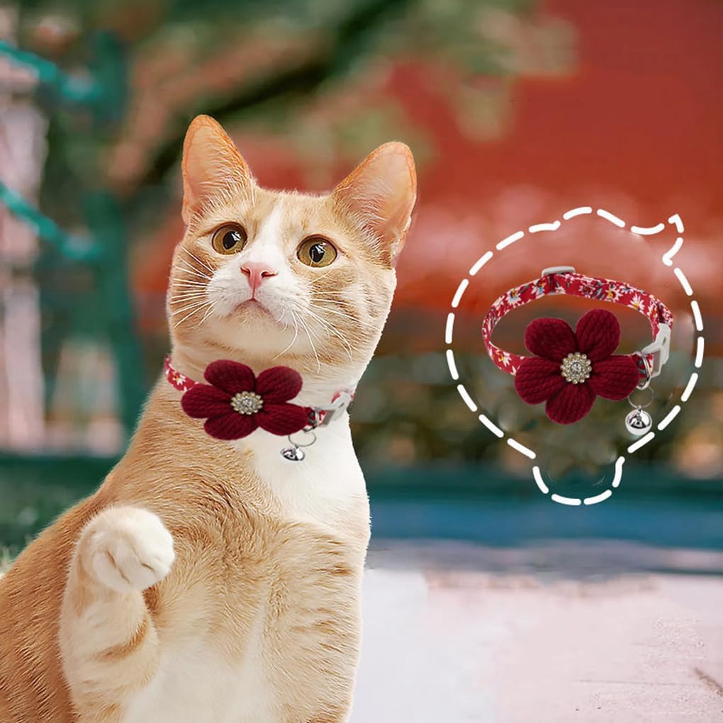 Red Flower XS Dog Collar Wth Bell, Dog Cat Collars Cute Puppy Collars Girls Adjustable for XXS Xs Small Pet Kitten Dogs Animal Litter Tiny