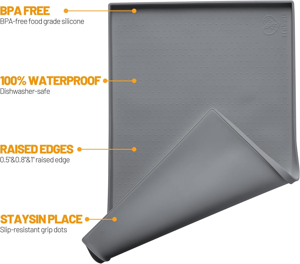 Hubulk Dog Feeding Mat,100% Waterproof Food Grade Silicone Pet Food and Water Bowl Placemat,Dishwasher, High Raised Edge to Prevent Spills,Nonslip Tray to Stop Messes on Floor (19"x12"x0.5", Grey)