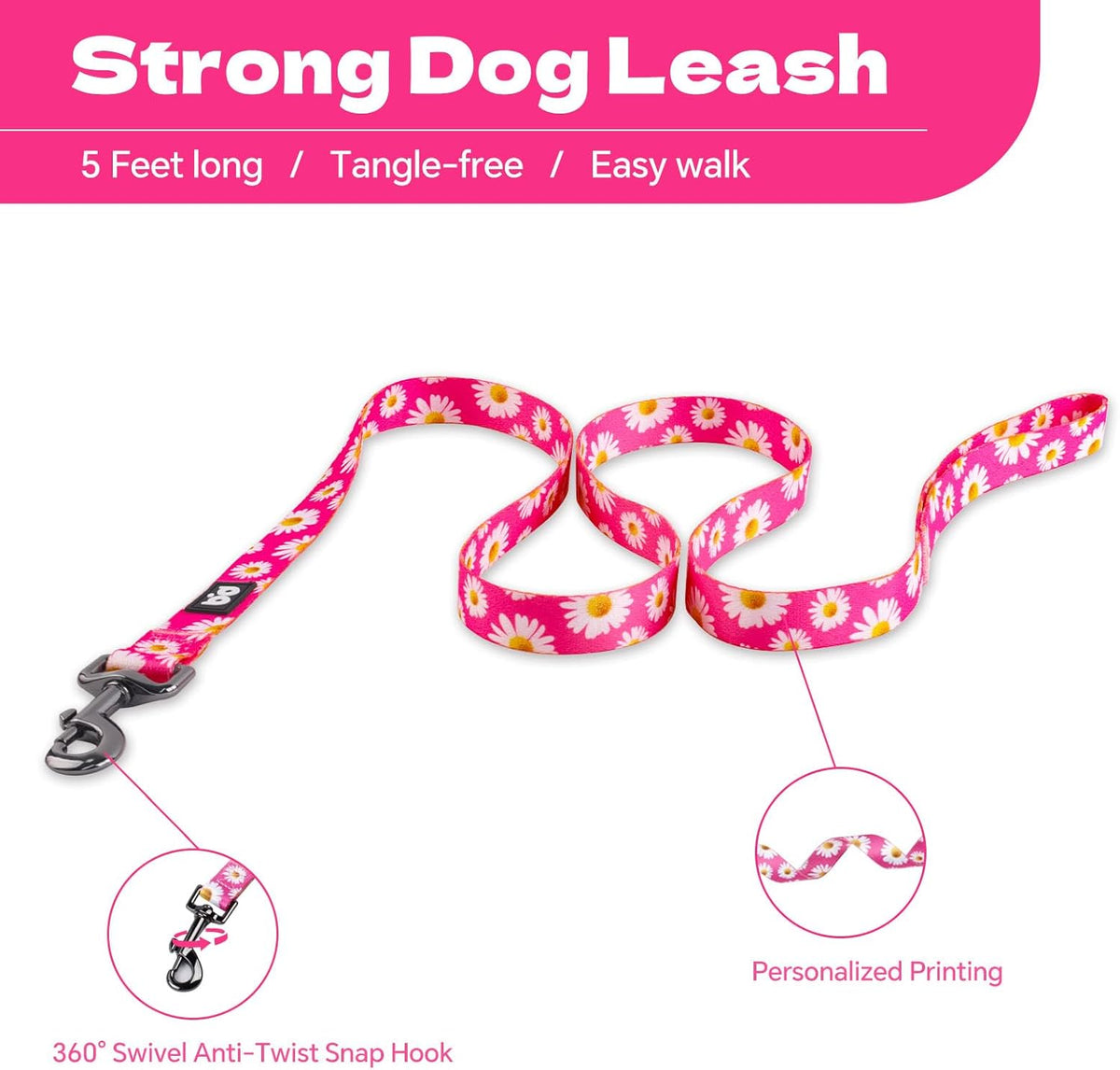 QQPETS Dog Harness Leash Set Adjustable Heavy Duty No Pull Halter Harnesses for Small Medium Large Breed Dogs Back Clip Anti-Twist Perfect for Walking (S(14"-20" Chest Girth), Daisy)