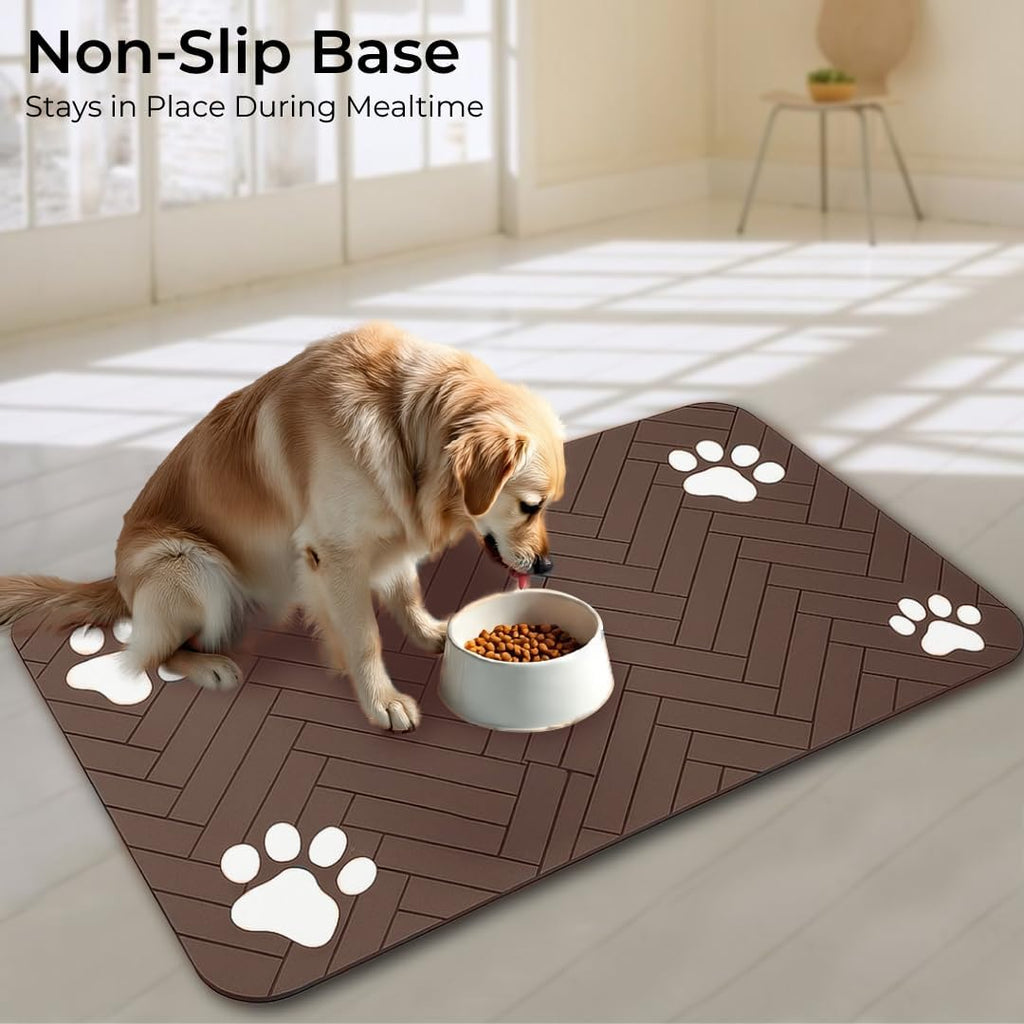 Pet Feeding Mat for Dogs and Cats – Absorbent Pet Placemat with Waterproof Non-Slip Rubber Backing – Quick Dry Food and Water Bowl Mat, Easy to Clean Floor Protector for Pets (12"x20", Dark Brown)