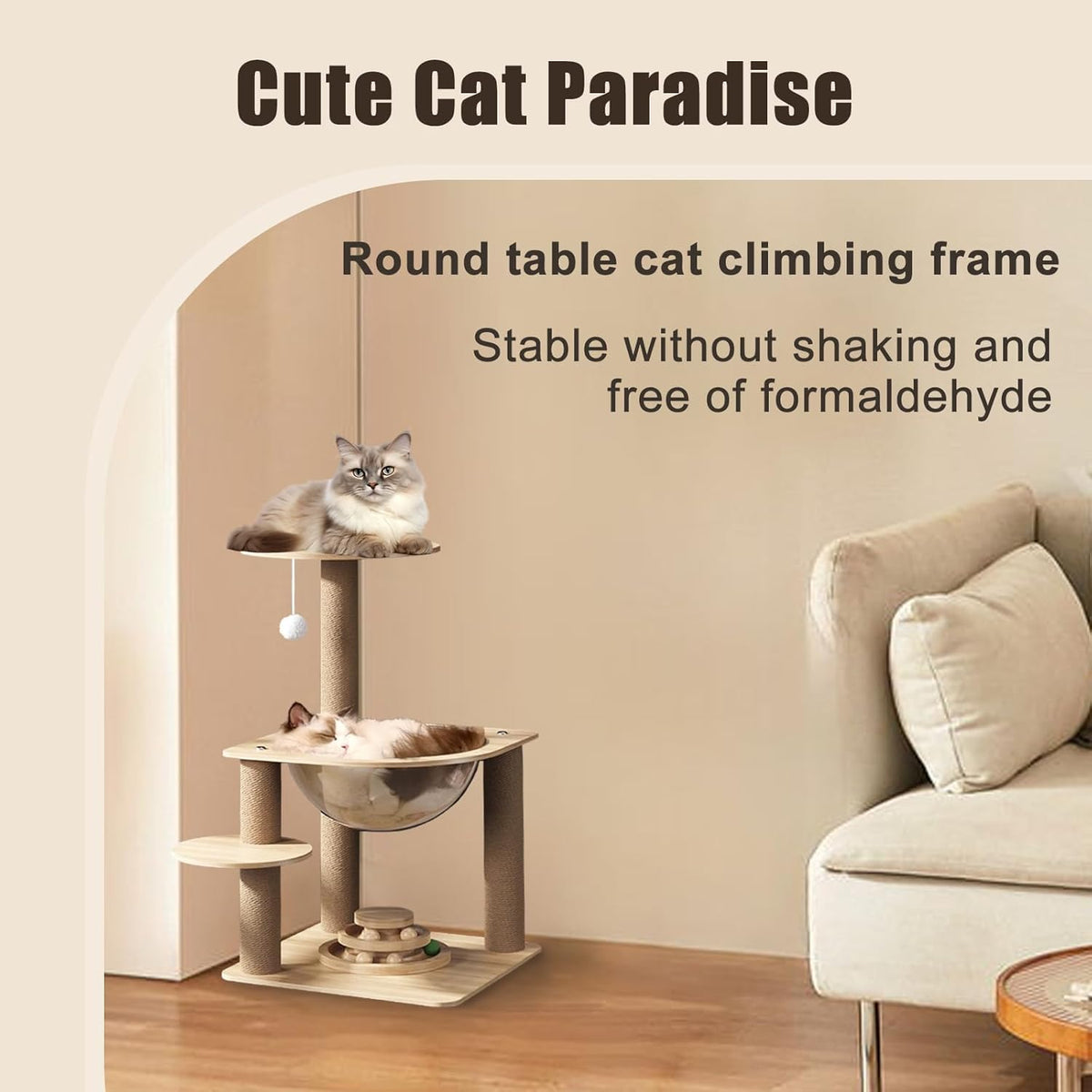 Indoor Cat & Kittens Multi-Level Climbing Activity Tower with Scratching Posts, Selected Wood and Sisal，Cat Tree Large (24.7inH) -cat House Beige