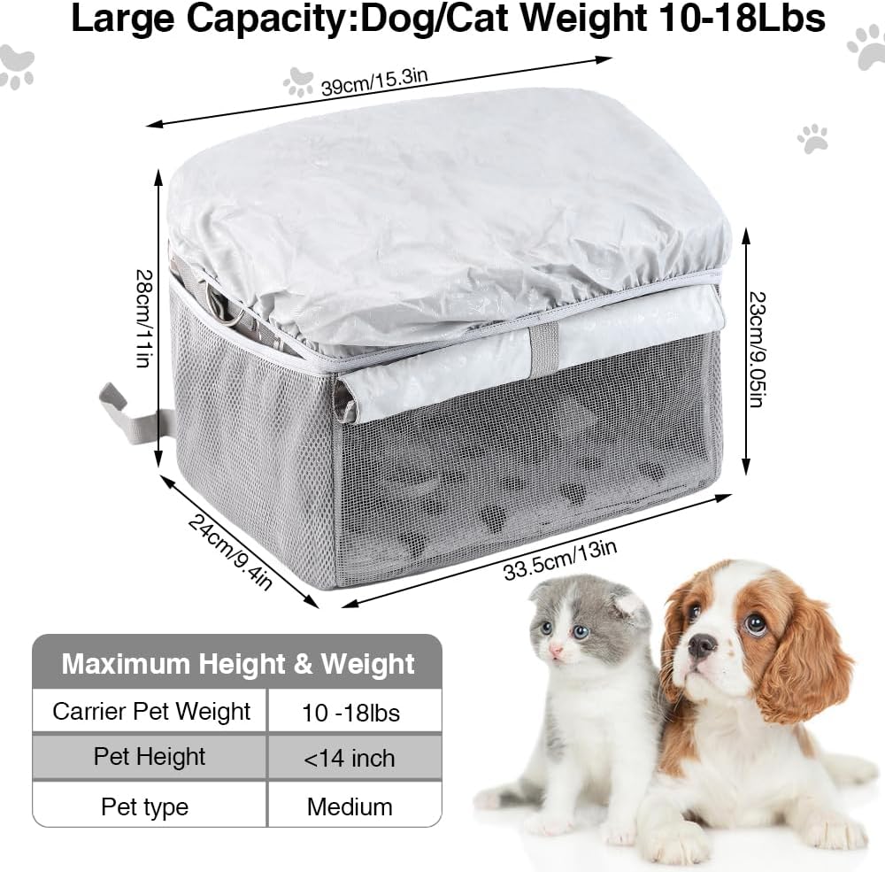 Dog Bike Basket, Pet Bicycle Carrier, Dog Car Seat with Safety Rope, Adjustable Shoulder Strap Portable Breathable Bicycle Basket Bag for Dogs and Cats Up to 15lbs