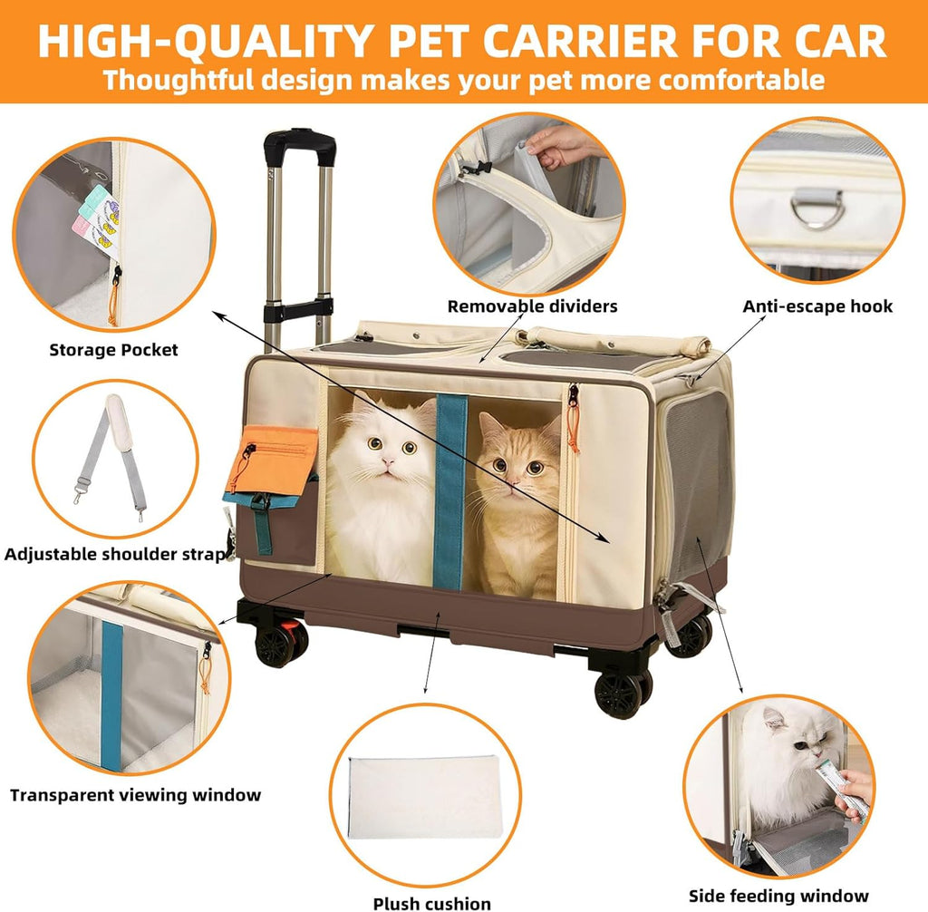 Large Cat Carrier with Wheels for 2 Cat, Double Rolling Pets Carrier on Wheel, Folding Soft-Sided Carriers with Telescopic Handle, Shoulder Strap Removable Soft-Sided Bag for Car, Vet, Outing