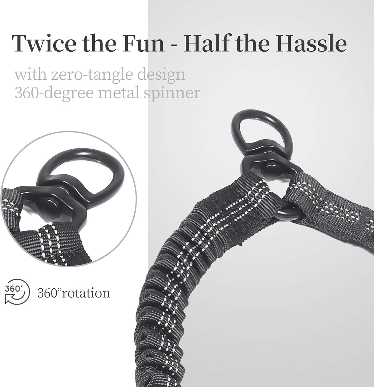 Double Dog Leash with Two Extra Traffic Handles, 360 Swivel No Tangle Dual Dog Walking Leash, Comfortable Shock Absorbing Reflective Bungee for Two Dogs (18~120 lbs, Black)