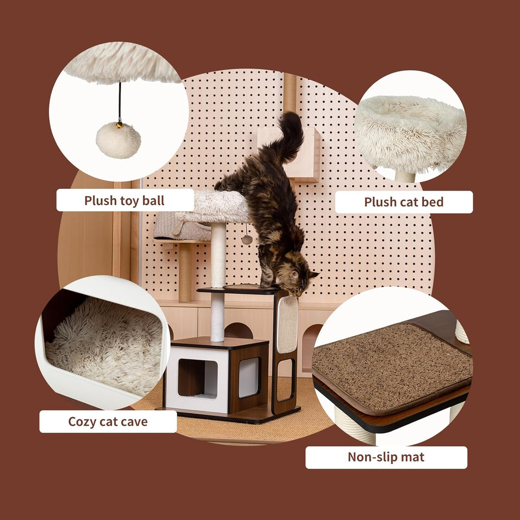 Cat Tree Tower for Small Cats, 41 Inch Wooden Multi-Level Cat Condo with Sisal Scratching Posts - Stable Activity Center, Plush Perch & Hanging Ball Toy