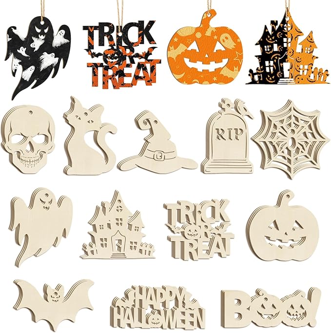 36PCS Wooden Halloween Ornaments to Paint Fall Decorations, 12 Styles DIY Blank Autumn Unfinished Wood Skull Pumpkin Ghost Bat Boo Trick or Treat Halloween Cutouts Ornament for Crafts Party Hanging