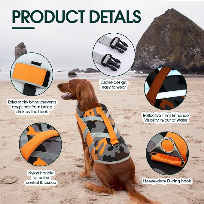 Kuoser Dog Life Jacket with Reflective Stripes - Adjustable High Visibility Vest, Ripstop Lifesaver, Pet Preserver with High Flotation Swimsuit for Small, Medium and Large Dogs
