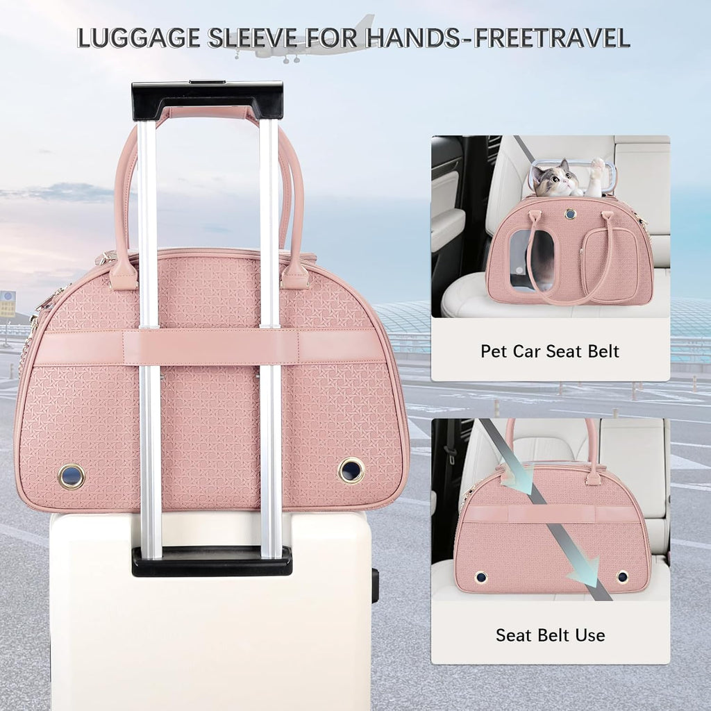 Stylish Luxury Dog Carrier Purse for Small Dogs, Ventilated Pet Soft-Sided Dog Cat Carrier Travel Tote Bag for Puppies Small Animals with Pockets (Pink, 16.9inch x 9inch x 11.8inch(LxWxH))