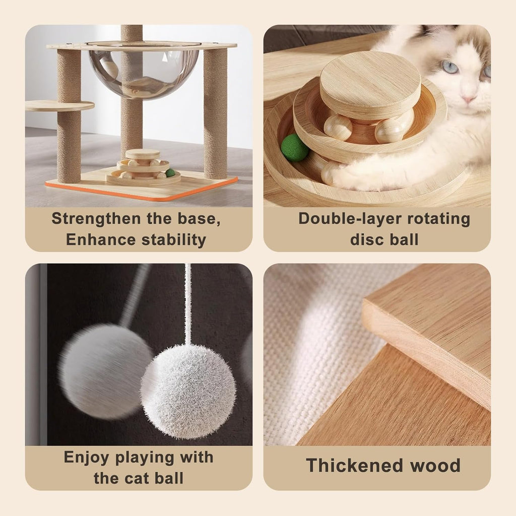 Indoor Cat & Kittens Multi-Level Climbing Activity Tower with Scratching Posts, Selected Wood and Sisal，Cat Tree Large (24.7inH) -cat House Beige