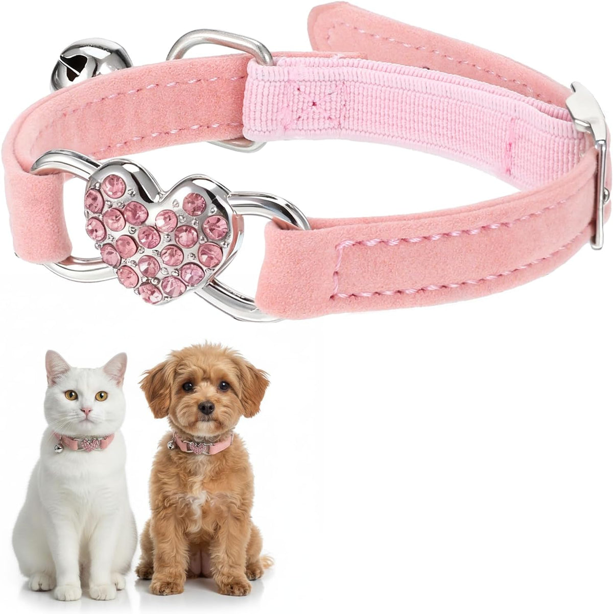 Adjustable Cat Collar, Cat Collars for Girl Cats, Bling Rhinestone Heart,Pink Cats Collar, Pink Puppy Collars with Bell, 8-11 Inches