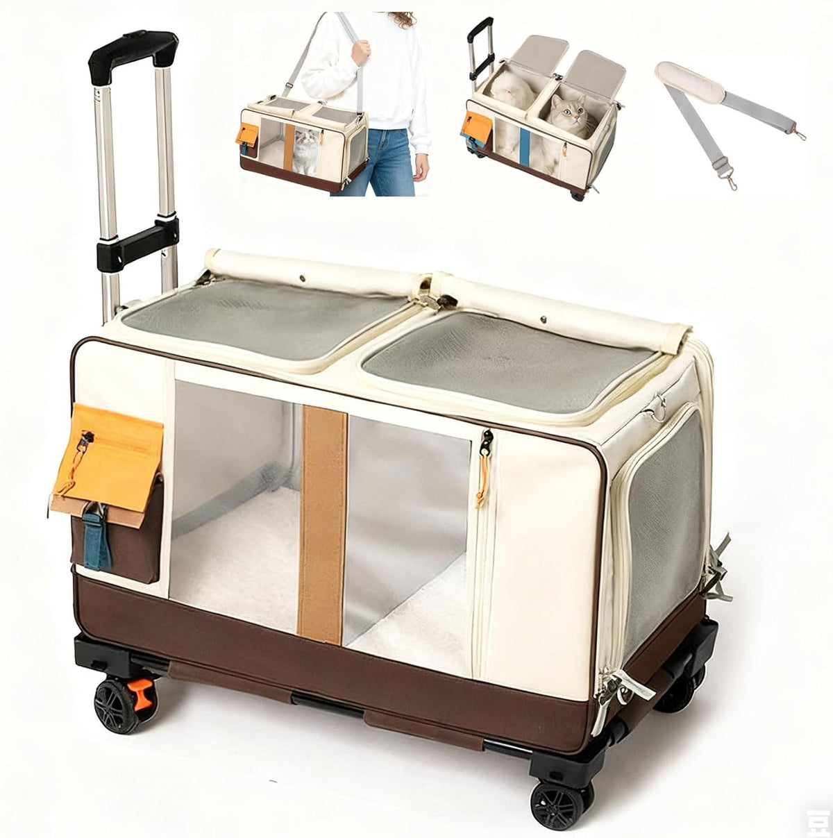Large Cat Carrier with Wheels for 2 Cat, Double Rolling Pets Carrier on Wheel, Folding Soft-Sided Carriers with Telescopic Handle, Shoulder Strap Removable Soft-Sided Bag for Car, Vet, Outing