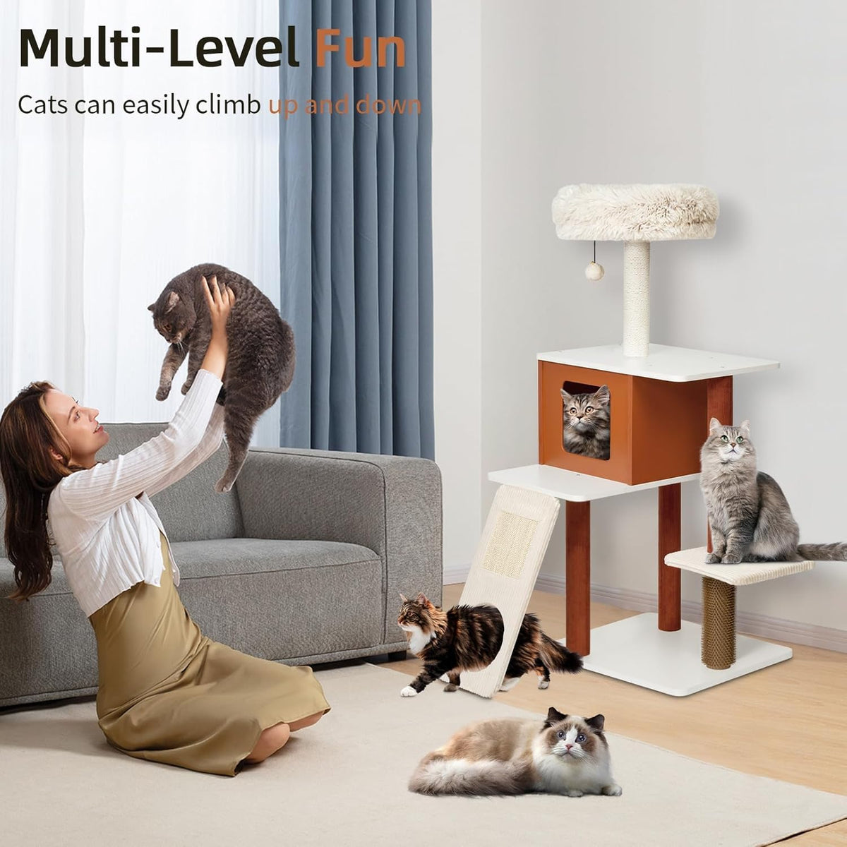 Premium 50in Modern Cat Tree with Solid Wood Frame - Multi-Level Activity Center for 3-5 Small to Medium Cats, Featuring Paper Rope Scratching Posts, Plush Top Perch, Enclosed Condo & Hanging Toy