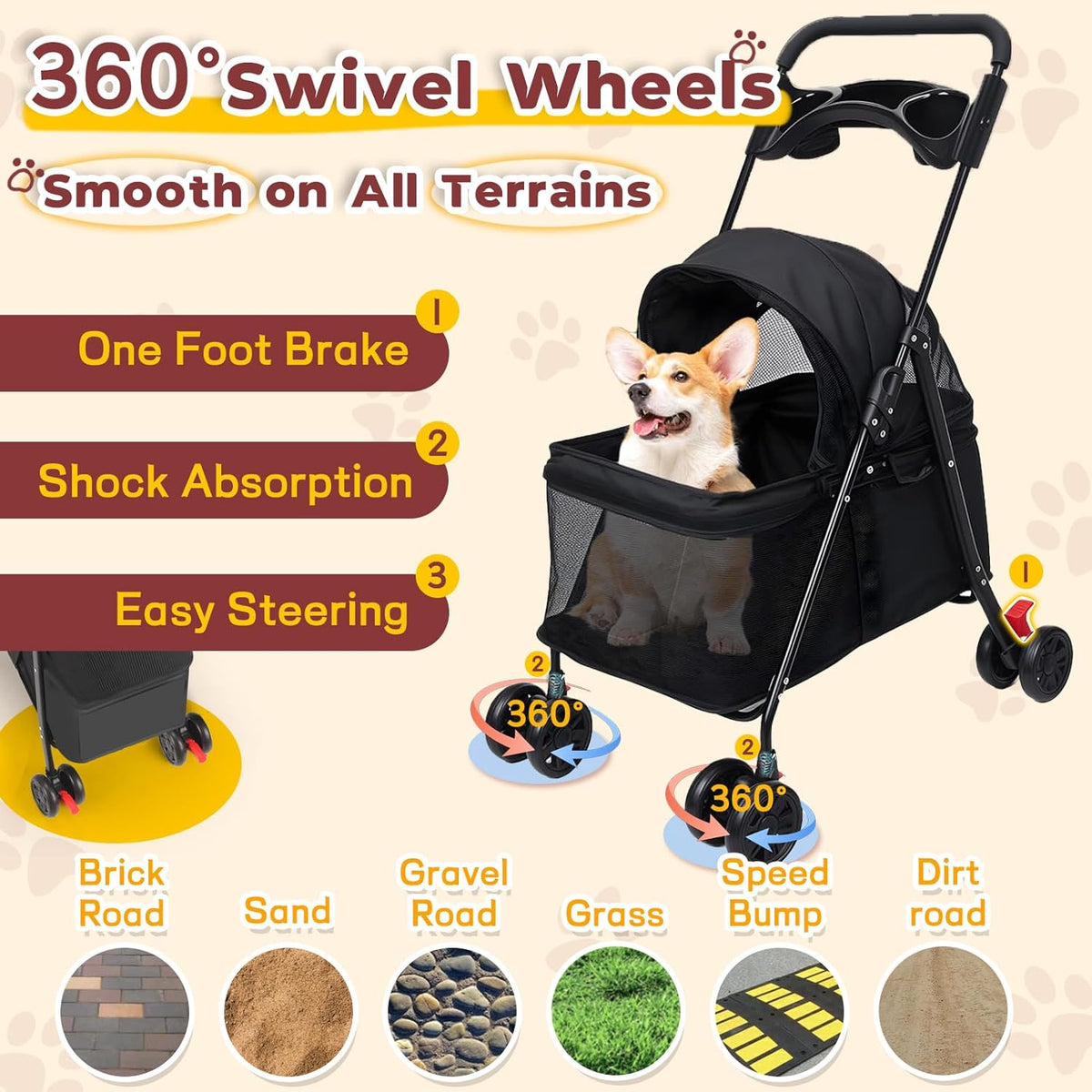 4-Wheel Pet Stroller for Small Medium Dogs with Removable & Detachable Carrier, Foldable Waterproof Dog Stroller with Breathable Mesh, Cup Holder, Storage Basket & Safety Leash (Pink)
