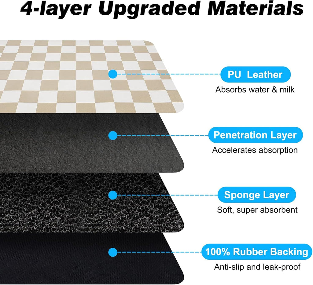 Checkered Dog Food Mat, Absorbent Leak-Proof Pet Feeding Mat, Quick Dry Cat Food Mat for Messy Drinkers 12" x 20" Khaki