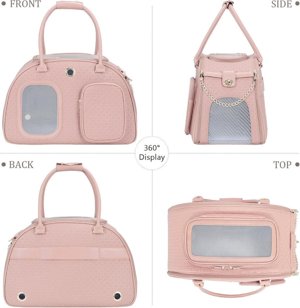 Stylish Luxury Dog Carrier Purse for Small Dogs, Ventilated Pet Soft-Sided Dog Cat Carrier Travel Tote Bag for Puppies Small Animals with Pockets (Pink, 16.9inch x 9inch x 11.8inch(LxWxH))