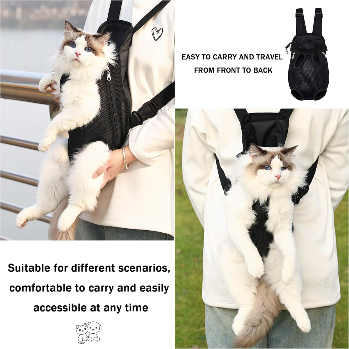 Pet Carrier Backpack, Adjustable Pet Front Carriers for Small Medium Dogs Cats 5-18 Lbs, Legs Out, Dog Cat Carrier Backpack for Hiking,Camping,Traveling,Cycling (Black,Large（Fit:10-18lb）)