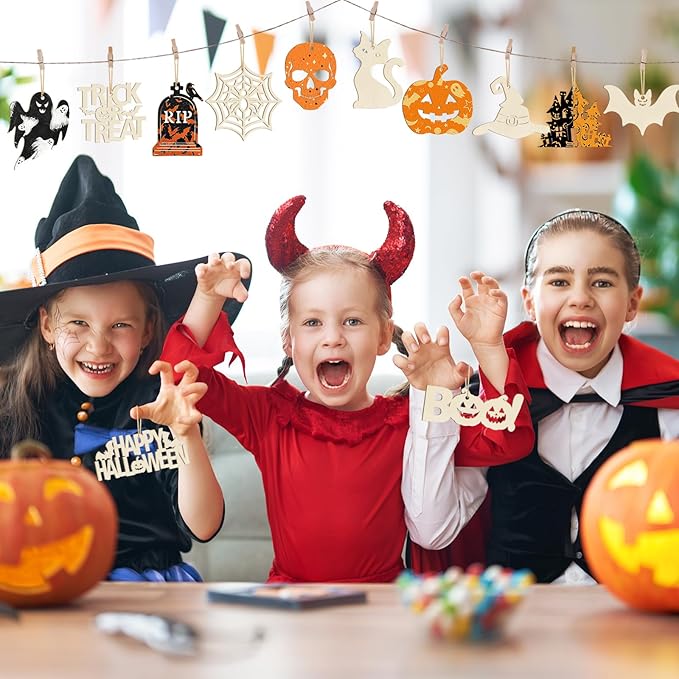 36PCS Wooden Halloween Ornaments to Paint Fall Decorations, 12 Styles DIY Blank Autumn Unfinished Wood Skull Pumpkin Ghost Bat Boo Trick or Treat Halloween Cutouts Ornament for Crafts Party Hanging