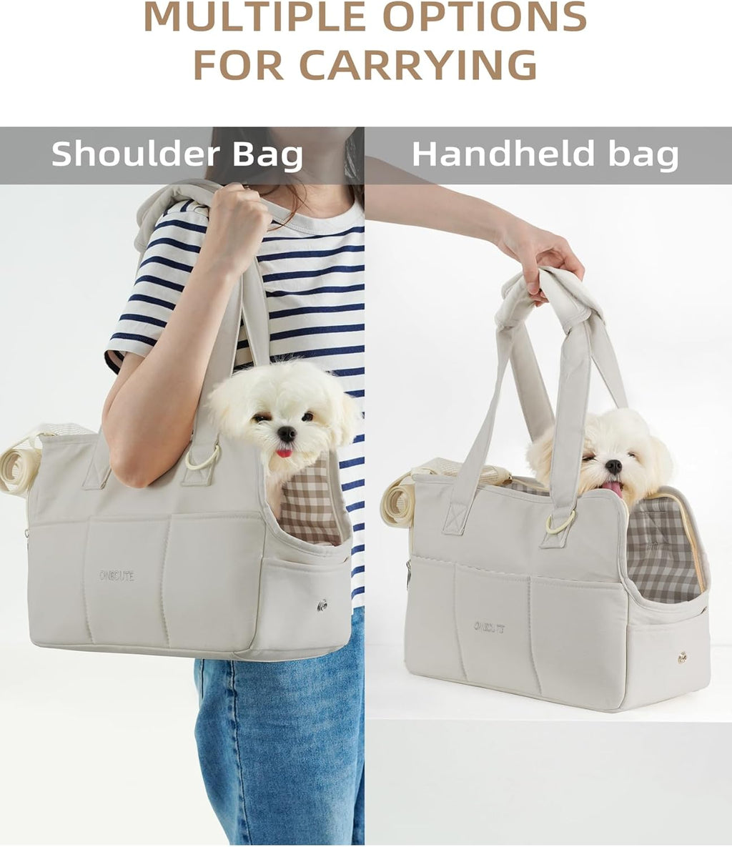 Dog Purse Carrier for Small Dogs Rabbit cat with Large Pockets, Cotton Bag, Dog Carrier Soft Sided, Collapsible Travel Puppy Carrier (Grey, 13.6" L x 6.5" W x 10" H)