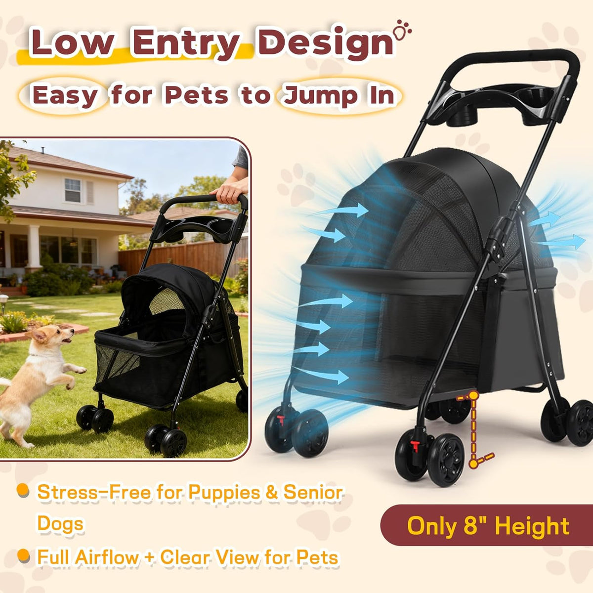 4-Wheel Pet Stroller for Small Medium Dogs with Removable & Detachable Carrier, Foldable Waterproof Dog Stroller with Breathable Mesh, Cup Holder, Storage Basket & Safety Leash (Pink)