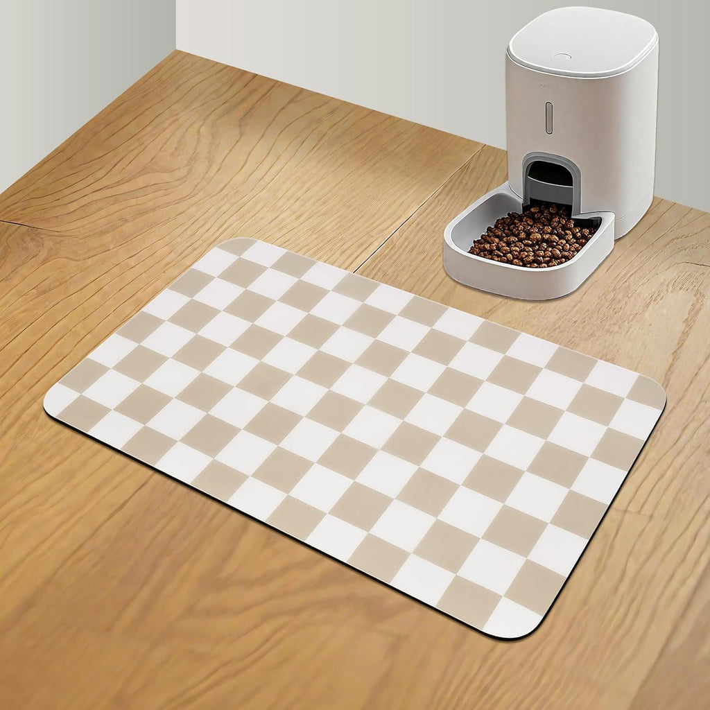 Checkered Dog Food Mat, Absorbent Leak-Proof Pet Feeding Mat, Quick Dry Cat Food Mat for Messy Drinkers 12" x 20" Khaki