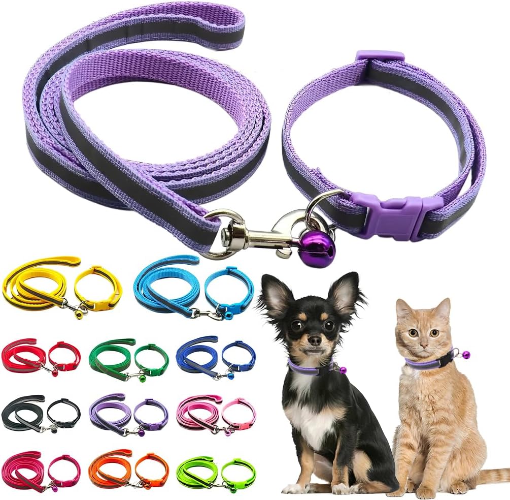 Dog Collar with Bell and Leash Set, Nylon Reflective Kitten Collars Girls Boys for XXS XS Small Pet Animal Litter Tiny Kitten Cat, Purple