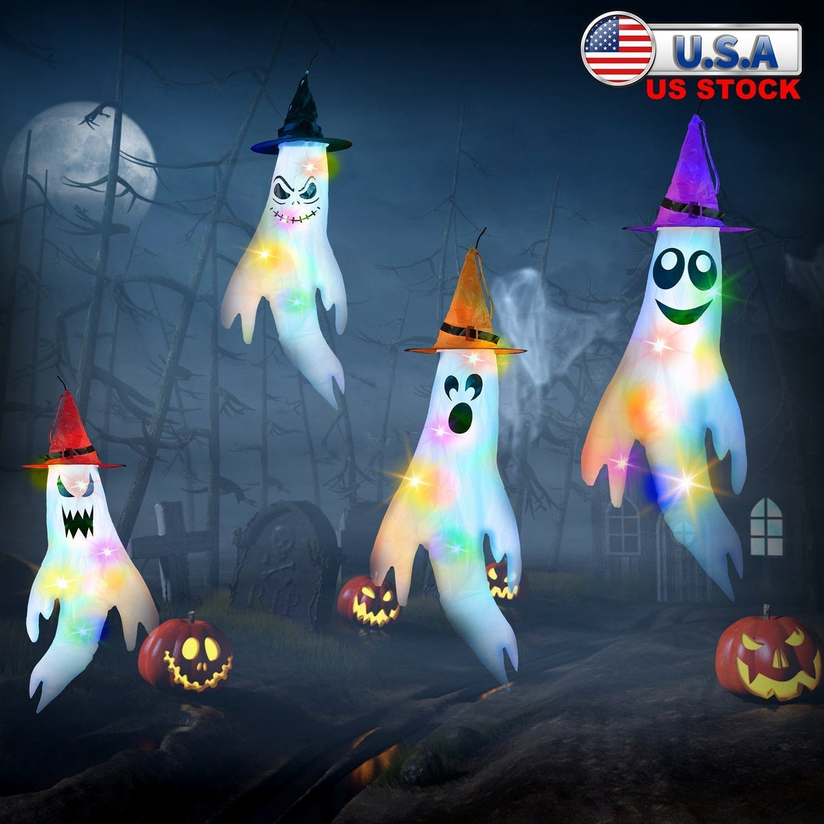 4Pcs Halloween Ghosts With Witch Hats Windsocks Hanging Decoration With Colorful LED Light Outdoor Flag Wind Socks Halloween Party Decoration For Yard