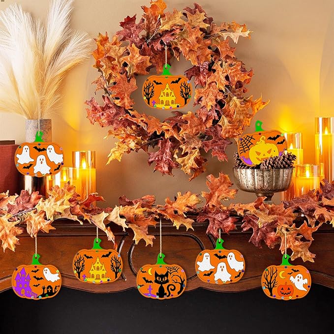 36PCS Wooden Pumpkins Ornaments to Paint Halloween Thanksgiving Decoration Cutouts Unfinished 3.5 inches, DIY Blank Unfinished Pumpkin Ornament for Home Harvest Crafts Hanging Autumn Decor（6Style）