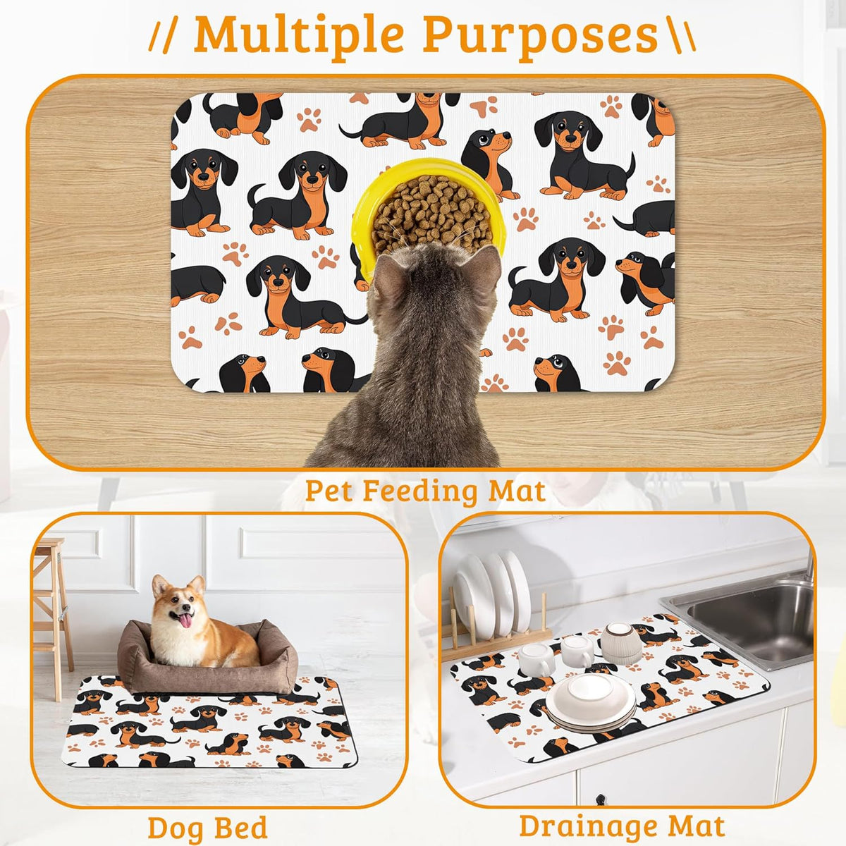 Dog Bowl Mat,Dog Dachshund Pet Feeding Mat for Floors Waterproof,Grey Paws Absorbent Dogs Placemat for Food and Water Quick Dry Pet Cat Feeding Mats with Non Slip Bottom 16" x 24"