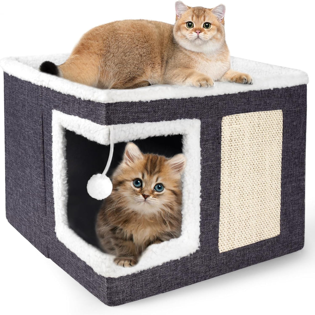 Cat Houses for Indoor Cats - Large Cat Bed Cave with Scratch Pad and Fluffy Ball, Foldable Cat Condo Hideaway with Reversible Cushion for Multi Small Pet, Dark Grey