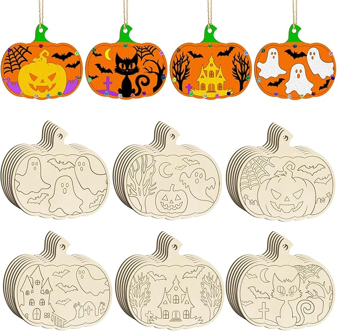 36PCS Wooden Pumpkins Ornaments to Paint Halloween Thanksgiving Decoration Cutouts Unfinished 3.5 inches, DIY Blank Unfinished Pumpkin Ornament for Home Harvest Crafts Hanging Autumn Decor（6Style）