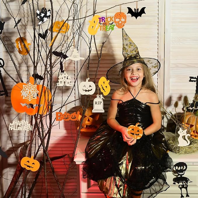 36PCS Wooden Halloween Ornaments to Paint Fall Decorations, 12 Styles DIY Blank Autumn Unfinished Wood Skull Pumpkin Ghost Bat Boo Trick or Treat Halloween Cutouts Ornament for Crafts Party Hanging