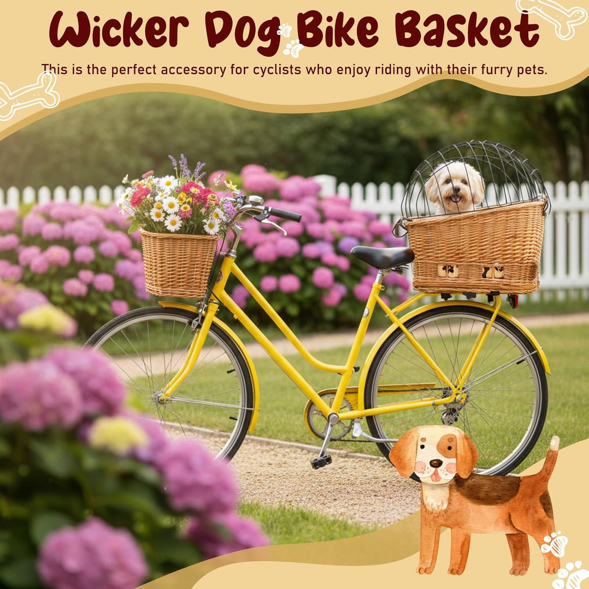 Wicker Dog Bike Basket, Rattan Pet Carrier for Small Dogs Cats with Protective Grille, Includes Ice Pad and Soft Cotton Cushion, for Secure Bicycle Rear Luggage Rack