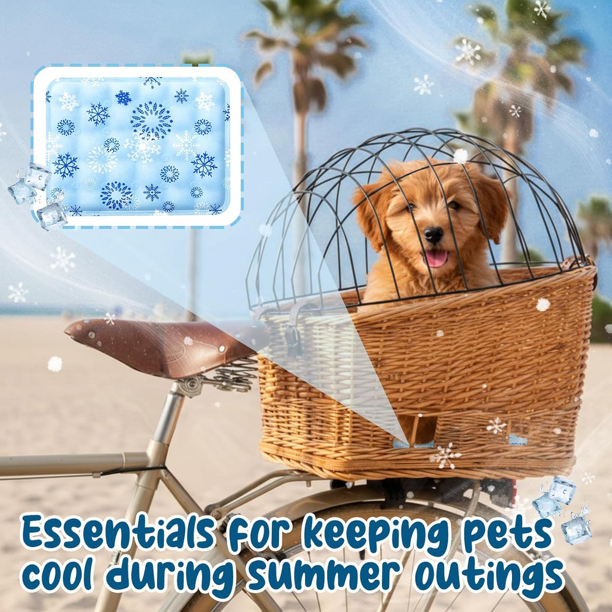 Wicker Dog Bike Basket, Rattan Pet Carrier for Small Dogs Cats with Protective Grille, Includes Ice Pad and Soft Cotton Cushion, for Secure Bicycle Rear Luggage Rack