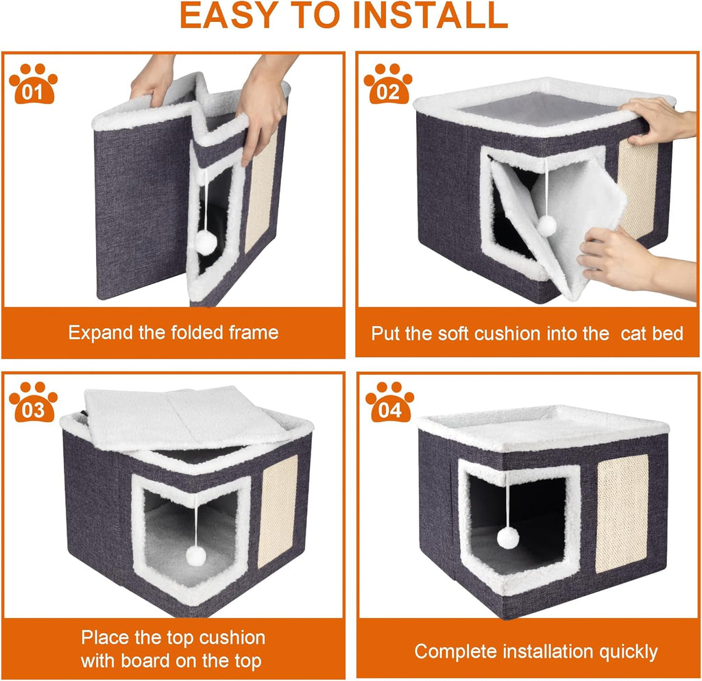 Cat Houses for Indoor Cats - Large Cat Bed Cave with Scratch Pad and Fluffy Ball, Foldable Cat Condo Hideaway with Reversible Cushion for Multi Small Pet, Dark Grey
