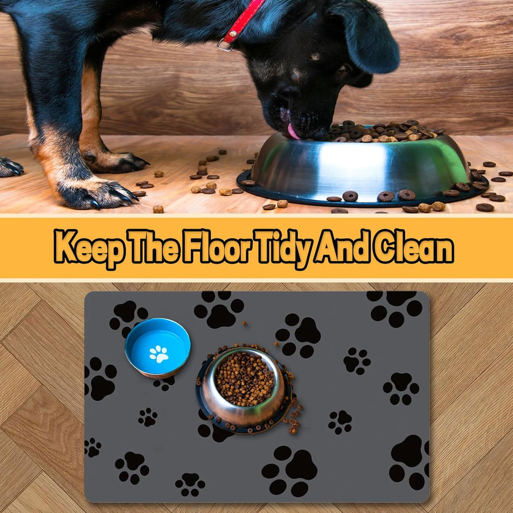 18"×30" Dog Food Mat-Absorbent Dog Mat for Food and Water, No Stains Quick Dry Cat Food Bowl Mat with Footprints for Messy Drinkers,Dark Grey