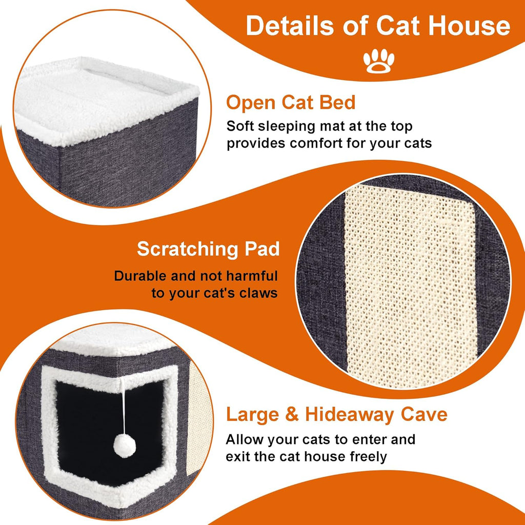 Cat Houses for Indoor Cats - Large Cat Bed Cave with Scratch Pad and Fluffy Ball, Foldable Cat Condo Hideaway with Reversible Cushion for Multi Small Pet, Dark Grey