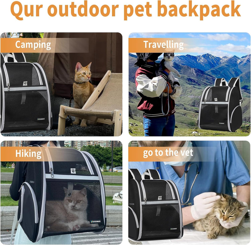 Cat Backpack Carrier for Small Dogs and Medium cat Puppy Kitten Bunny Pet Carrier Backpack Collapsible with Fully Ventilated Mesh with Safety Leash (Black, 12.9" L x 10.62" W x 15.5" H - M)