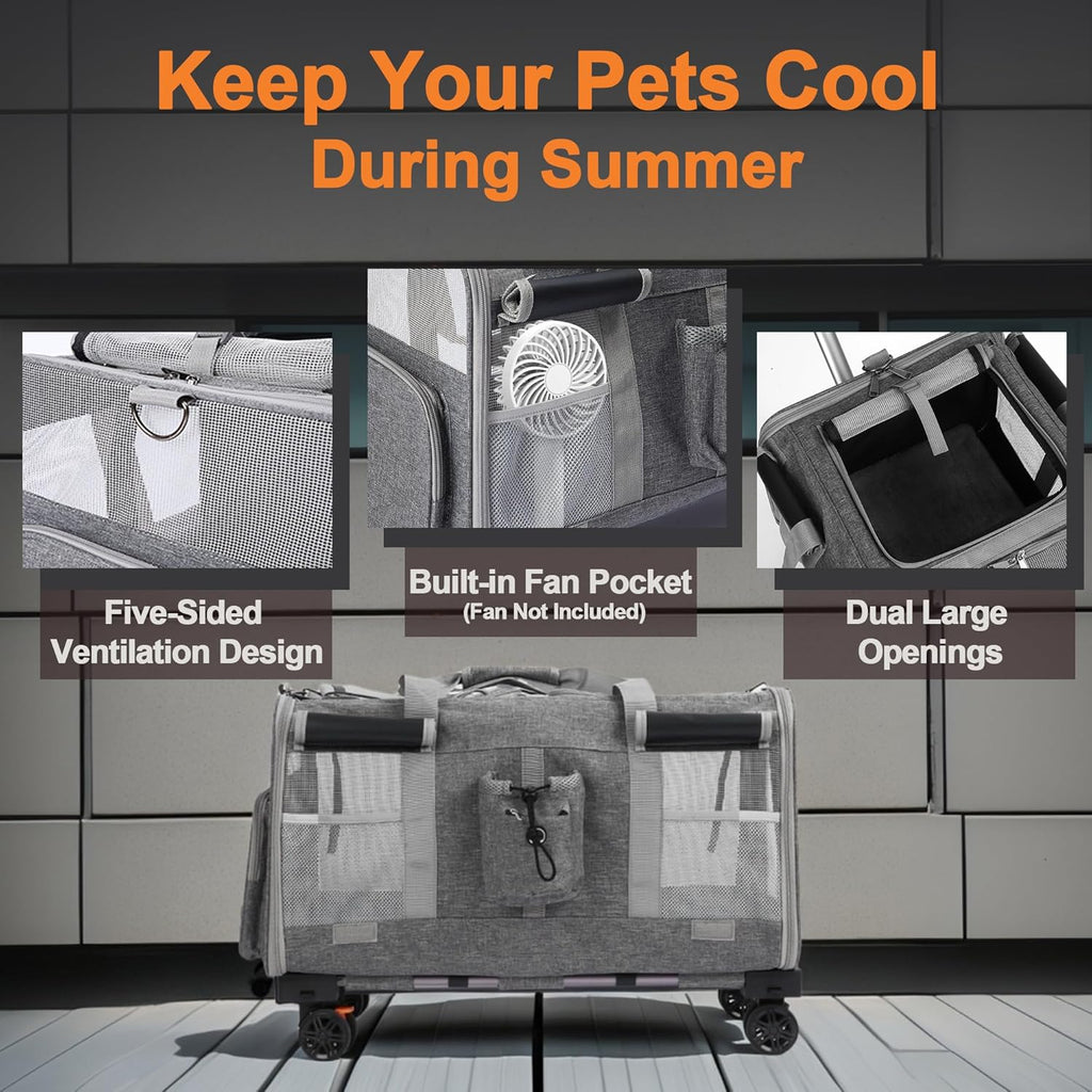 Large Cat Carrier with Wheels – Double-Compartment Foldable Pet Dog Carrier with Wheels for Multi Pets – Soft Rolling Backpack with Detachable Divider, Water Pocket, for Travel Camping Hiking