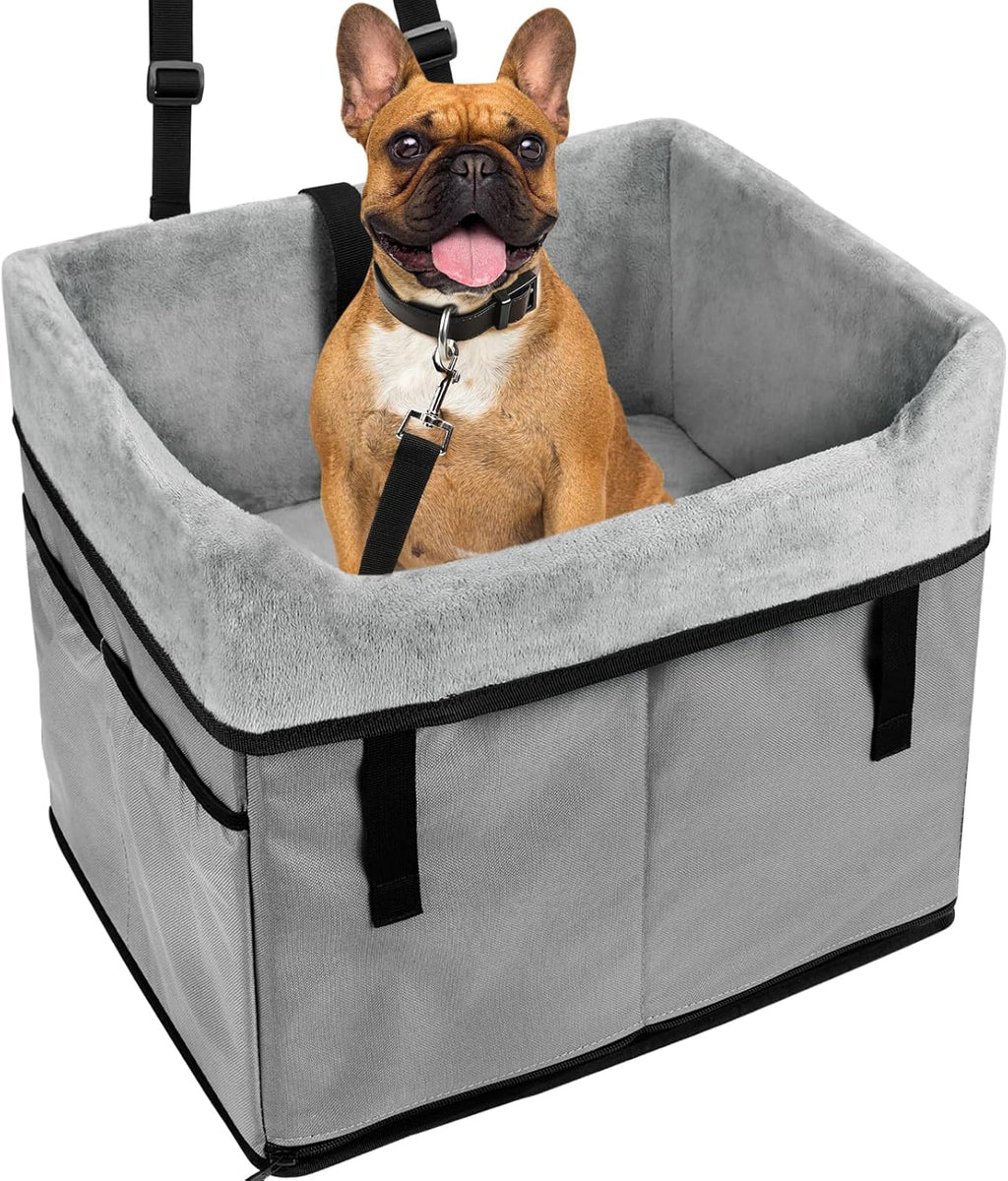 Vivifying Dog Car Seats for Small Dogs, Portable Dog Booster Car Seat with Storage Pockets and Safety Belt, Comfortable Travel Bed for Small Pets Up to 25lbs (Gray)