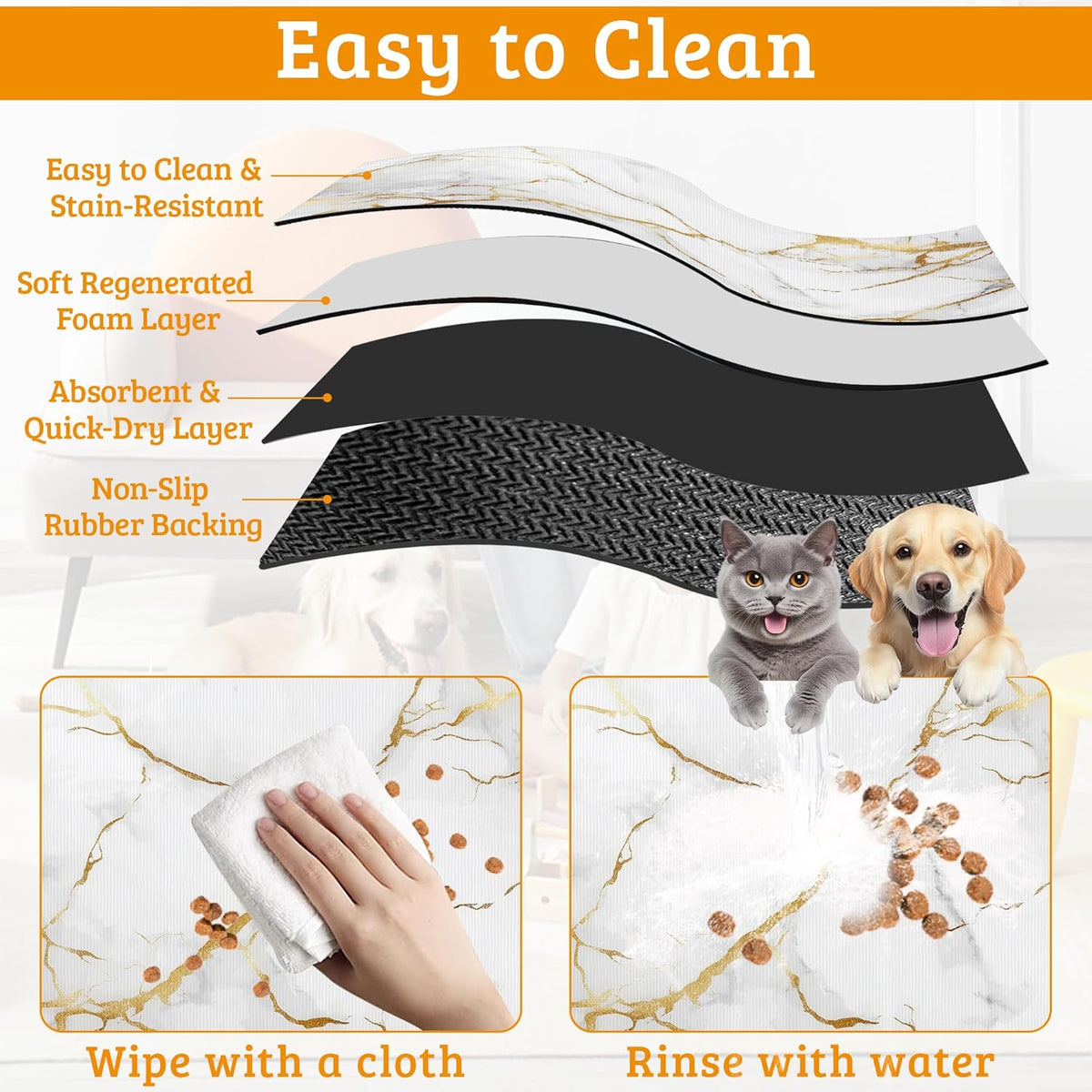 Abstract Marble Dog Food Mat,White Gold Absorbent Pet Feeding Mat for Food and Water Bowl,Quick Dry Dog Placemat Non Slip Rubber Backing Waterproof Pet Supplies 16" x 24"