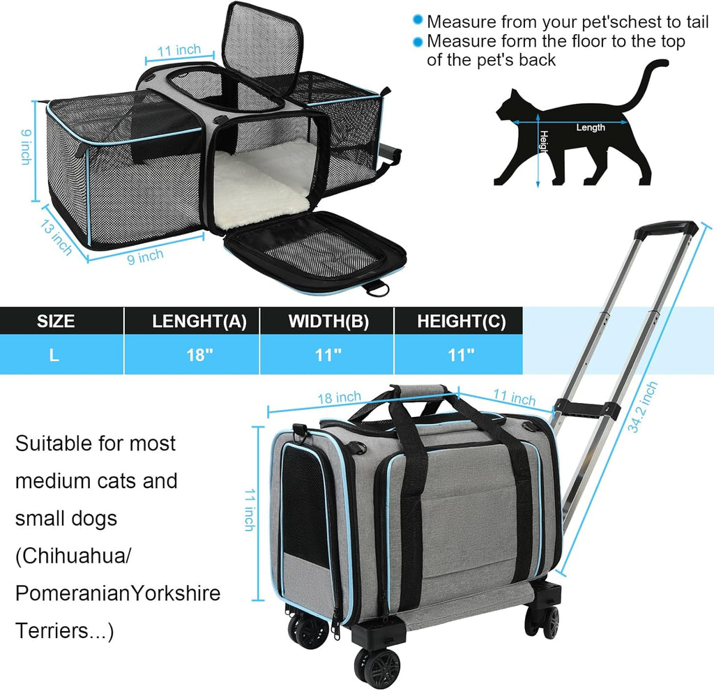 Pet Carrier Airline Approved, Expandable Pet Cat Carriers with Wheels for Dogs, Airline Approved Cat Dog Carrier, TSA Approved Pet Carrier In Cabin, Pet Dog Cat Carrier Soft, Cat Travel Carriers(Grey)