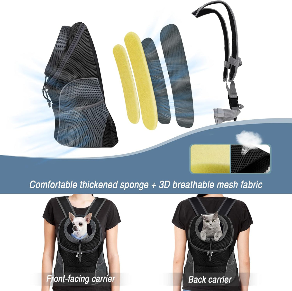 WOYYHO Pet Dog Carrier Backpack Small Dog Front Backpack Ventilated Dog Carrier Back Pack with Storage Pockets, Adjustable Straps & Safety Belt for Travel Hiking Outdoor (Size M: 5-9 lbs, Black)