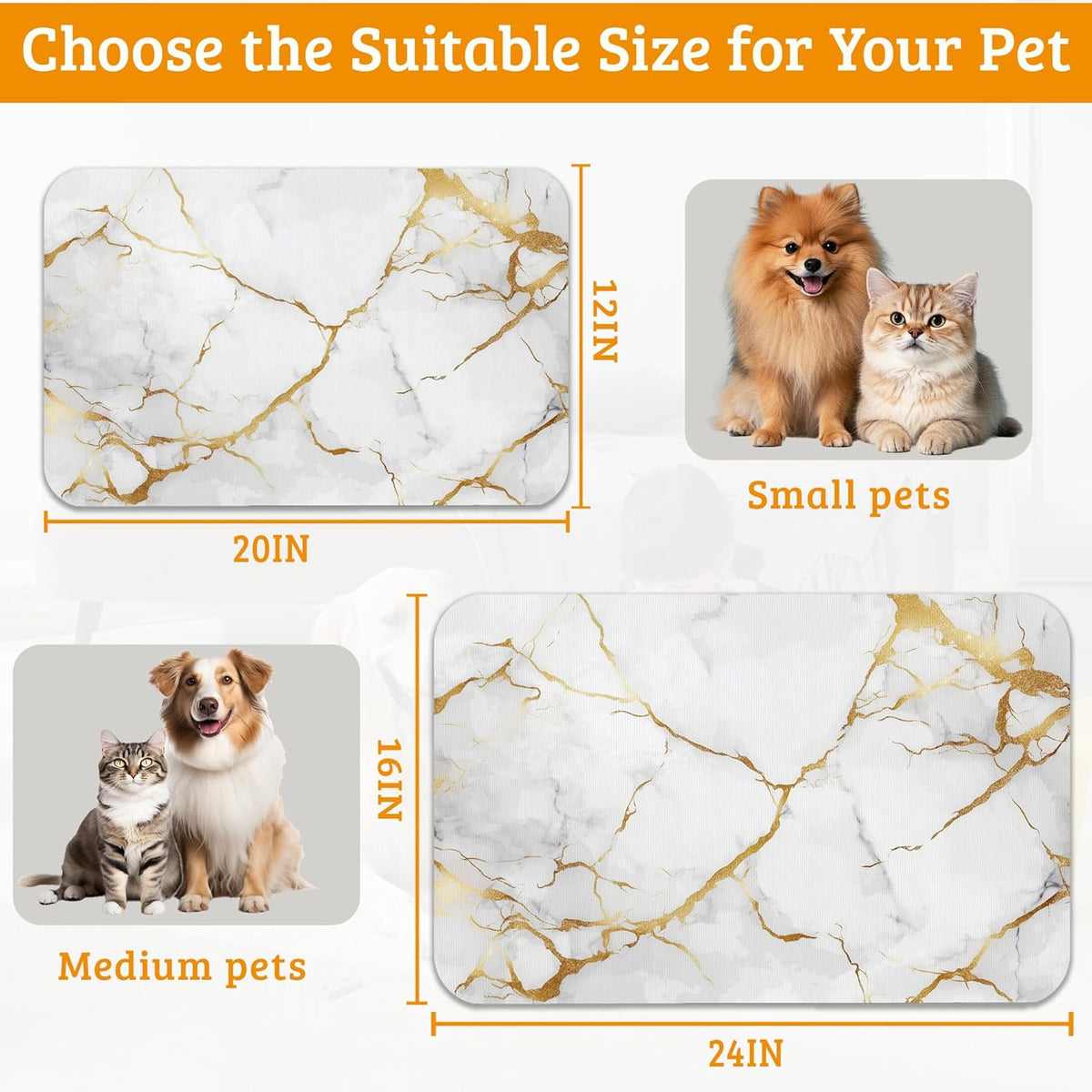 Abstract Marble Dog Food Mat,White Gold Absorbent Pet Feeding Mat for Food and Water Bowl,Quick Dry Dog Placemat Non Slip Rubber Backing Waterproof Pet Supplies 16" x 24"