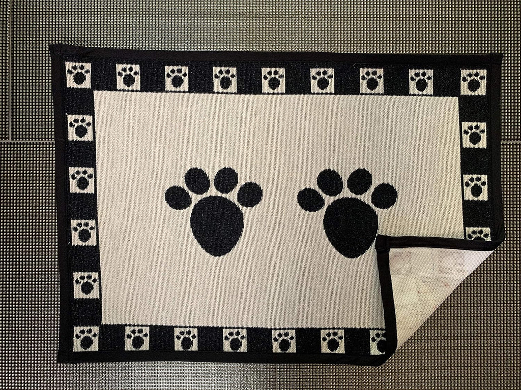 PetRageous 12049 Paws Jumbo Tapestry Dog and Cat Non-Skid Machine Washable Placemat for Pet Feeding Areas with Rubber Backing 18-Inch by 28-Inch for Dogs and Cats, Black and Natural (Pack of 2)